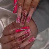 24pcs Red Rhinestones Long Nails-JP1712